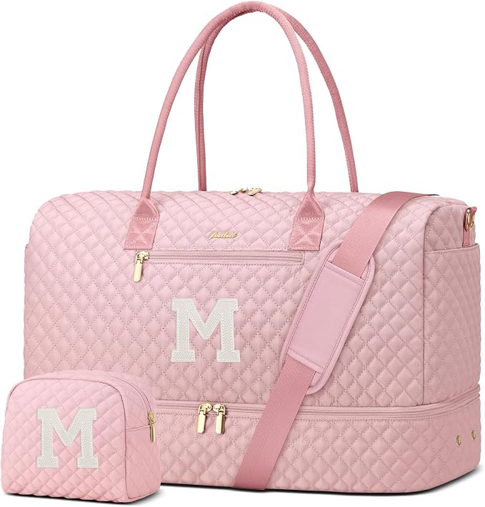 Letter Weekender Bags for Womens - Duffle Bag with Shoe Compartment Personalized Overnight Bag with Toiletry Bag Duffel Bags for Gym Hospital Bags Gift for Women Pink (Letter M) by FOCDOD