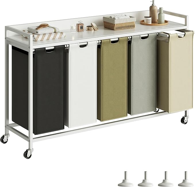 Herture Laundry Hamper with Shelf, Laundry Basket 5 Section, Laundry Sorter with Pull-Out Removable Large 5 Color Bags and Movable Wheels, Metal Frame, 5 x 15.87 Gallons (60L), White PF08XLE by Herture