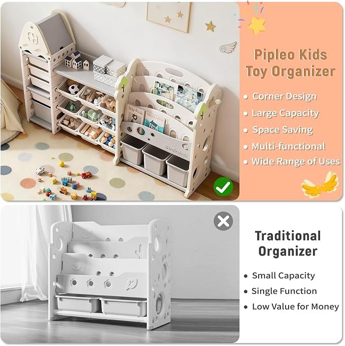 Pipleo Kids Toy Storage Organizer with 17 Removable Bins, 4-Tier Bookshelf for Kids, Multi-Purpose Castle-Shaped Toy Organizer for Playroom, Bedroom, Nursery, Living Room (Cream) - Image 6