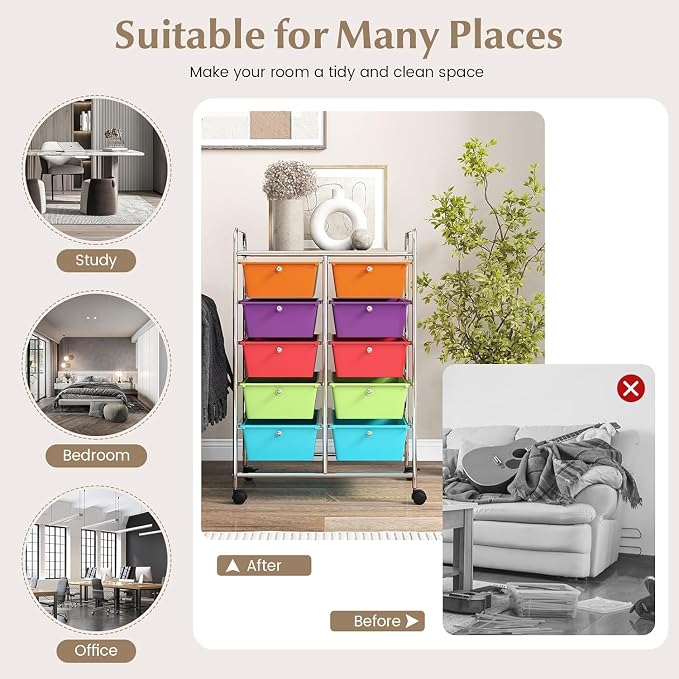10 Drawer Rolling Cart, Storage Cart Organizer on Wheels, Drawer Cart with Metal Frame & Large Storage Capacity, Rolling Cart with Drawers for Living Room Classroom, Office - Image 6