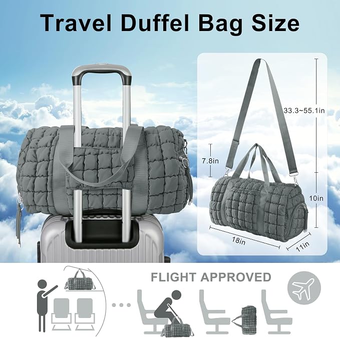 Quilted Travel Duffle Bag Gym Bag for Women,Large Puffer Duffle Weekender Bag with Compartment,Workout Overnight Carry on Organizer Bag Duffle Bag for Airplane Travel(Grey) - Image 2