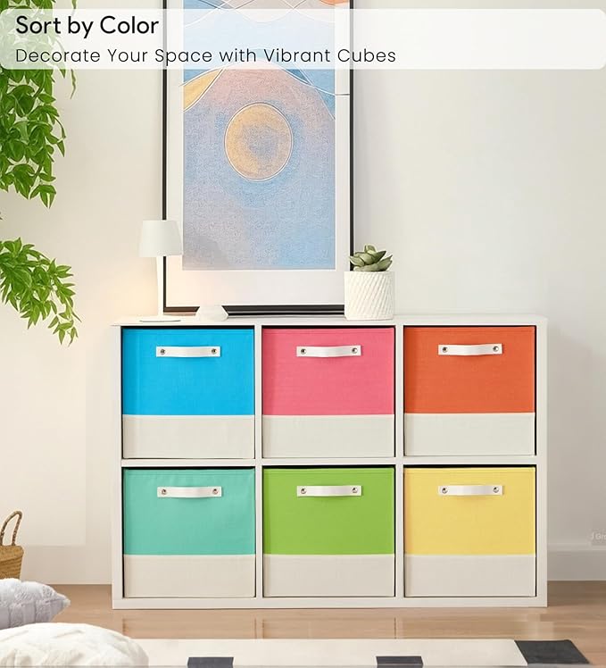 Cube Storage Bins | 10.5"x10.5"x11", Macaron & White, 6 Pack | Multi-Size | 2X Thick Support Board | Vegan Leather Handles | 7.7 oz/yd² Fabric | 11"x11" Drawer Insert Basket - Image 2