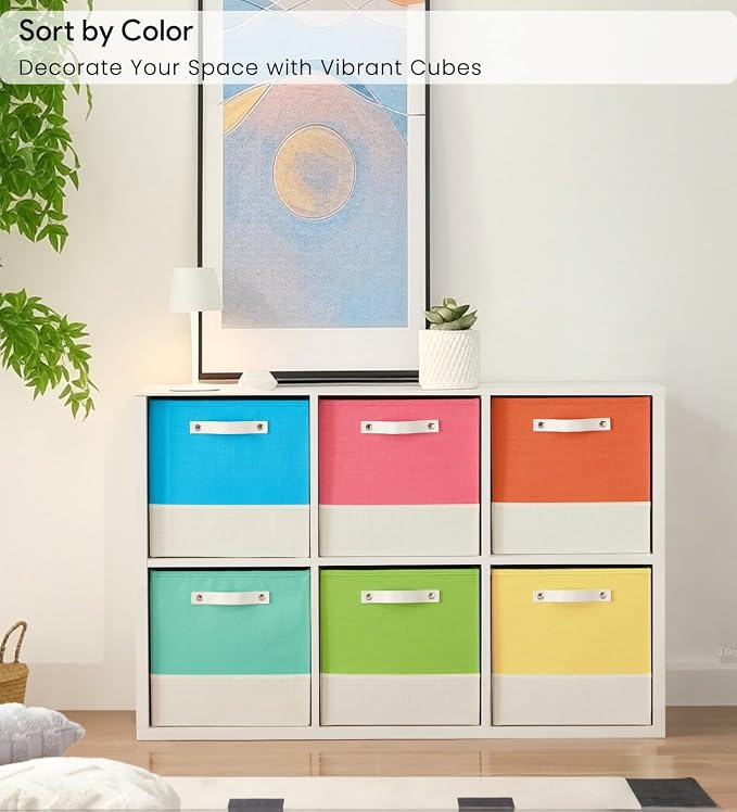 Cube Storage Bins | 11.8"x11.8"x9.8", Macaron & White, 6 Pack | Multi-Size | 2X Thick Support Board | Vegan Leather Handles | 7.7 oz/yd² Fabric | 12"x12" Drawer Insert Basket - Image 4