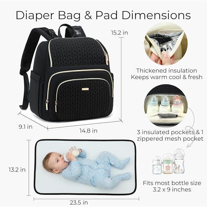 MAPLELILY Large Diaper Bag Backpack, Stylish Baby Travel Diaper Bag, Black | Lightweight maternity hospital backpack. With changing pad, stroller straps, insulated pocket. Mom, dad, toddler - Image 6