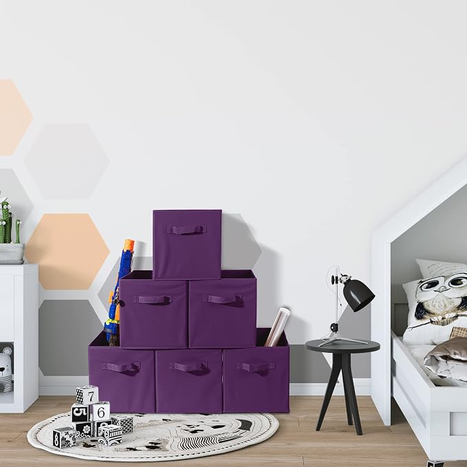 Sorbus Foldable Storage Cubes - 6 Fabric Baskets for Organizing Pantry, Closet, Shelf, Nursery, Playroom, Toy Box, Cubby - 11 Inch Dual Handle Collapsible Closet Organizers and Storage Bins (Purple) - Image 7