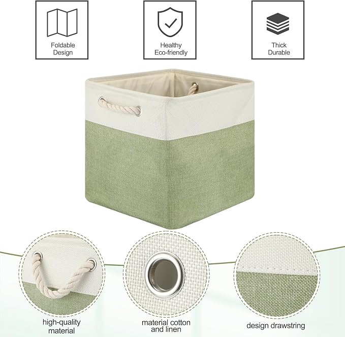 meekoo 8 Pack Collapsible Storage Bins Fabric Storage Bins Polyester Fabric Baskets with Handles Linen Closet Organizer for Shelf Home Closet Towels Toys(12 x 12 x 12 in,Green White) - Image 6