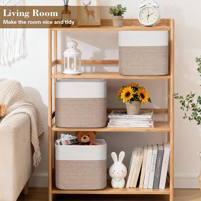 15×13 Inch Storage Cubes, 3 Pack Cube Storage Bins for Organizing, Cotton Rope Woven Baskets for Shelves, Bathroom, Kids Room, Closets, Baby Nursery - Image 2