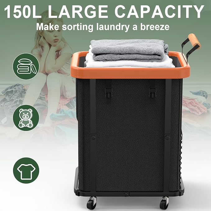 150L Laundry Basket with Wheels,Rolling Basket Hamper with Lid&Handle Black | Laundry Organizer Storage Cart with Heavy Duty Sturdy Metal Frame for Home, Hotel, Laundry Room - Image 2