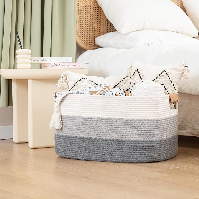 Large Woven Basket 25’’*16’’*16’’ 108L Woven Baskets for storage Baby Laundry Hamper, Cotton Rope Boho Decorative Storage Bin for Living Room, Nursery, Clothes, Pillows Gradient Grey - Image 5