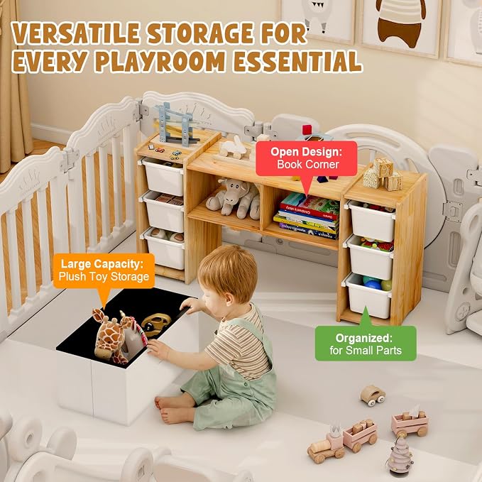 MallBest Montessori Shelf for Kids - 100% Solid Pine Wood with 6 Removable Plastic Bins, Toy Storage Organizer Cabinet for Playroom, Bedroom & Nursery (Natural) - Image 4