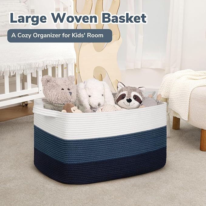 Goodpick Large Woven Rope Blanket Basket, Rectangle, Light Blue | 21.6'' x 14.9'' x 11.8'' Storage Basket for Toys, Books & Blankets, Bedroom & Nursery Organization, Reinforced Handles - Image 2