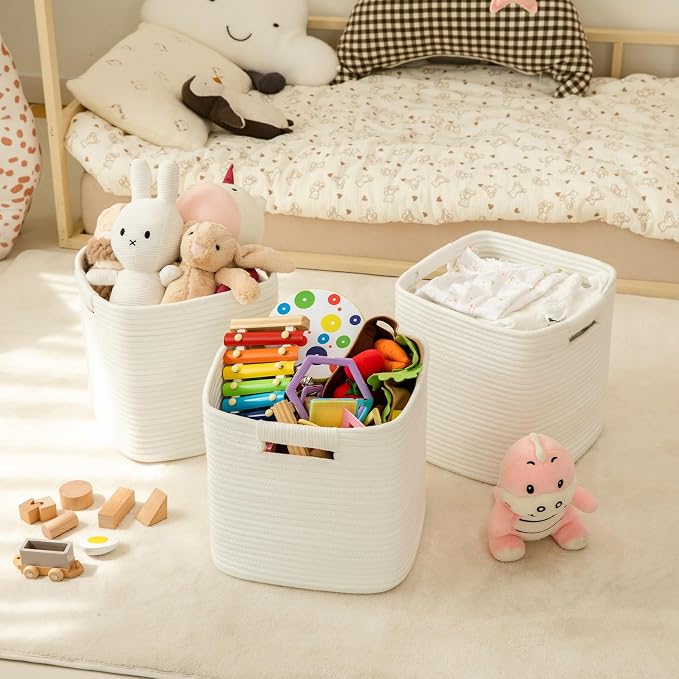OIAHOMY Storage Cubes 11 Inch - 3 Pack, Cotton Rope Woven Baskets for Organizing, Square Storage Baskets for Shelves Organizer, Classroom, Kids Toy Bins, Closet, Baby Nursery-White - Image 2