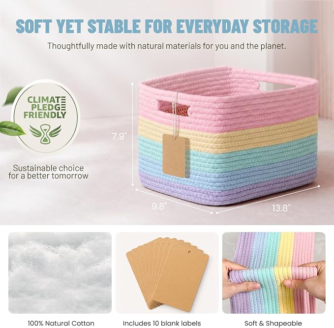 5 Pack Woven Storage Baskets, Decorative Storage Bins for Organizing | 13.8'' × 9.8'' × 7.9'', Cute Cotton Rope Basket Organizer for Closet, Shelves, bathroom, Nursery, Toys, Books, Rainbow - Image 4