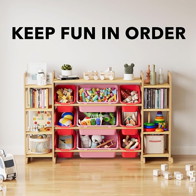 SpaceAid Large Toy Storage Organizer 9 Shelves 9 Bins, Toy Organizers Storage Bookshelf, Kids Bin Shelf Toys Box Bookcase for Bedroom Playroom Organization Room Decor, Red and Pink - Image 6
