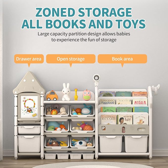 UNICOO® Magic Castle Kids Toy Storage & Bookshelf Organizer with 14 Easy-Pull Bins, Durable HDPE Material, Multifunctional Play Collection with Painting Board & Telescope, Children's Bookcase (White) - Image 4