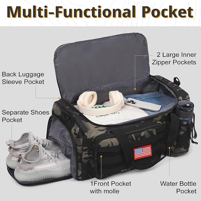 Tactical Gym Bag for Men, 60L Duffle Bag with Shoes Compartment for Travel | Water-Resistant Sports Weekender Bag with Adjustable Shoulder Strap Wet Pocket for Gym,Travel,Hiking,Camping Overnight Trips - Image 3