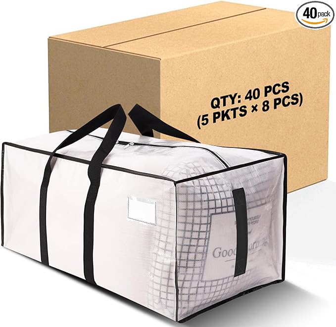 HOMESURE Supports 200lbs Heavy Duty Moving Bags - Strong Zipper & Wrap-Around Handles - Water-Resistant Storage Totes, Durable Alternative to Moving Boxes - 40 Pack - Semi-Transparent by HOMESURE
