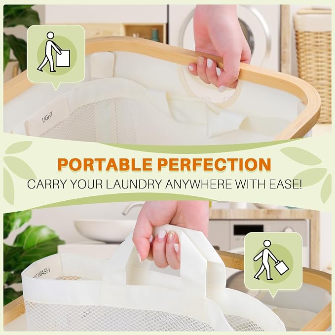 145L Laundry Hamper with Lid, 3 Section Laundry Basket with 3 Removable Bag | Clothes Hampers for Laundry with Bamboo Frame Handle, Large Dirty Clothes Hamper for Laundry Room, Bathroom, Bedroom, Beige - Image 5