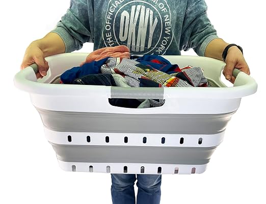 SAMMART 41L (10.8 Gallons) Collapsible 3 Handled Plastic Laundry Basket - Foldable Pop Up Storage Container/Organizer - Space Saving Hamper/Basket (1, White/Grey) - Image 4