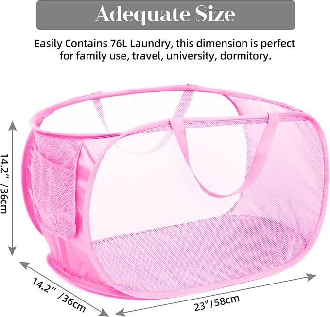 4 Pcs Durable Collapsible Laundry Baskets, Foldable Large Opening Pop Up Laundry Hamper with Pocket, Clothes Hamper with Handles for Laundry, Bathroom, Kids Room, Dorm or Travel Pink - Image 4