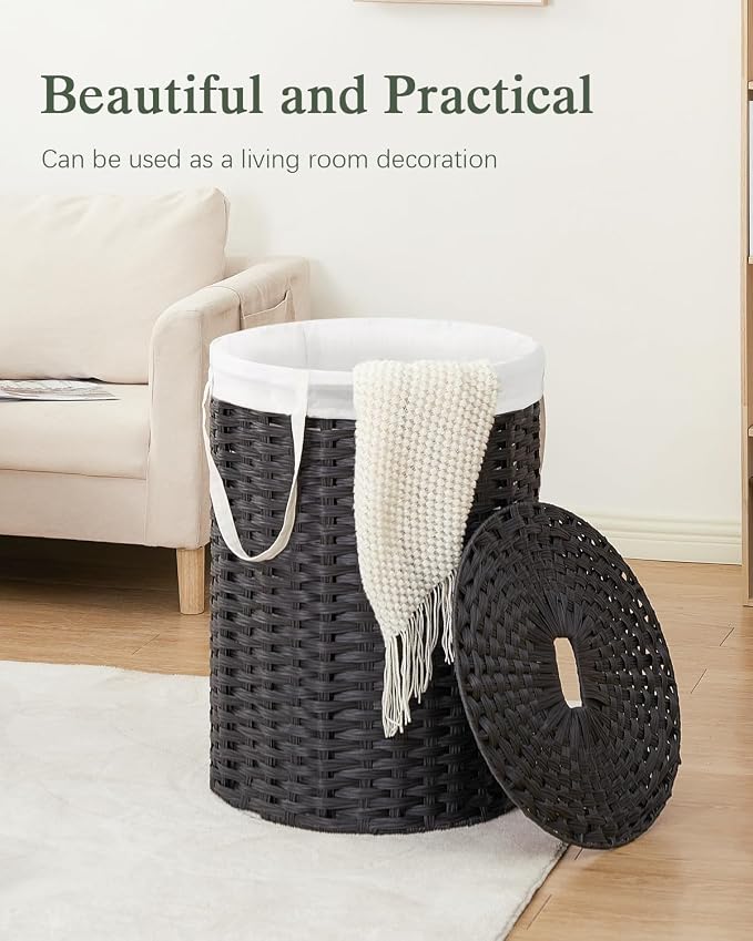 SETVSON Laundry Basket with Lid Round 29.1 Gal PE Rattan, Black | Family Clothes & Blanket Trunk with Lid, Removable Liner Bag with Handles, 2 Mesh Wash Bags, Collapsible Steel Frame - Image 7