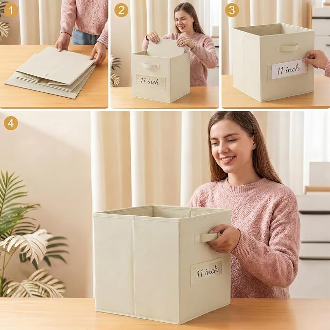 Storage Bins,11" Cube Storage Bin with Labels,10pcs,Beige | Fabric Storage Cubes for Shelves,11 Inch storage cube bins with 10 Labels Window Cards & a Pen. - Image 5