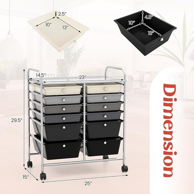 12 Drawer Rolling Storage Cart, Craft Cart Organizer on Wheels w/Metal Frame, Large Capacity & Smooth Drawer, Rolling Cart w/Drawers for Classroom, Office - Image 3