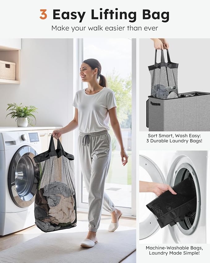 SOLEDI Large Laundry hamper 3 Section with Laundry Bag, XL Clothes Basket | 3-Section Large capacity Laundry Sorter with Odor-Blocking Lid, Robust Iron Frame & Waterproof 600D Fabric, 3 Washable Bags - Image 4
