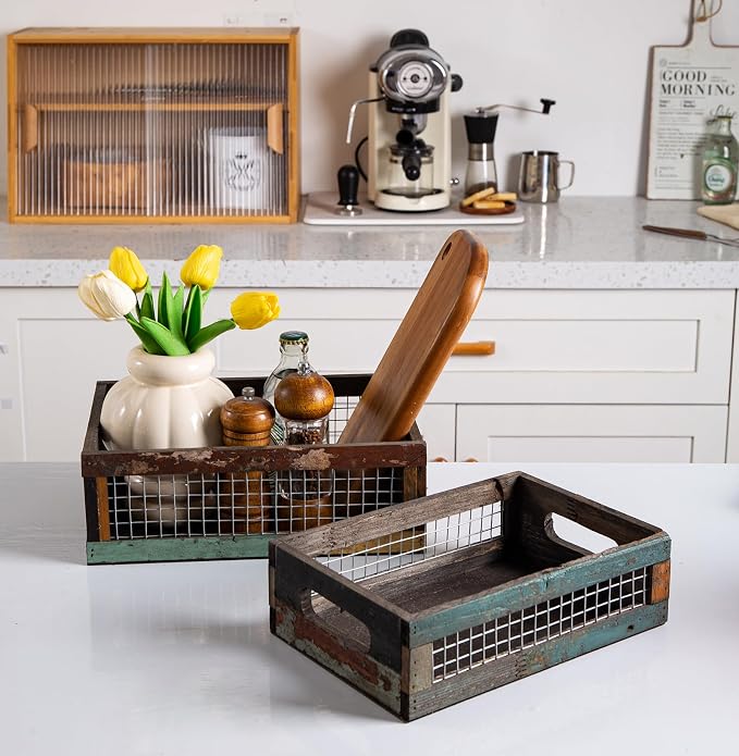 TIMRIS Set of 2 Rustic Wooden Countertop Baskets, Farmhouse Distressed Nesting Boxes, Small Decorative Wooden Storage Crates, Reclaimed Wood Organizer Baskets with Wire Mesh (Random) - Image 2
