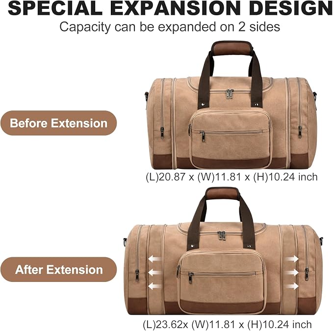 Litvyak 50L Canvas Duffle Bag for Travel Weekender Gym Overnight Carry-on | Expandable, Eco Certified, Leather Accents, Toiletry Bag Inclued, Travel Weekend Luggage Sports Duffel Bag for Women Men - Image 3