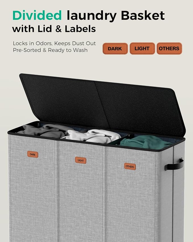 185L Laundry Hamper 3 Section with Lid & Removable Bags | Collapsible laundry basket organizer for laundry room, bedroom & dorm with 3 removable washing bags - Image 2