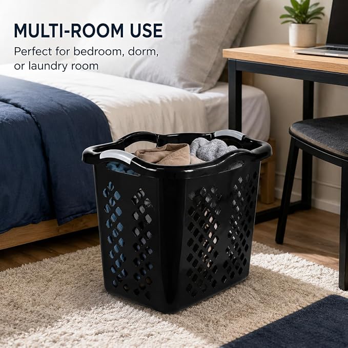 Laundry Basket 2 Bushel Plastic with Handles Black for Bedroom Dorm | 2 Bushel Laundry Basket with Wide Base – Tall sides like a hamper, wide base for stability. Diamond holes for ventilation. - Image 5