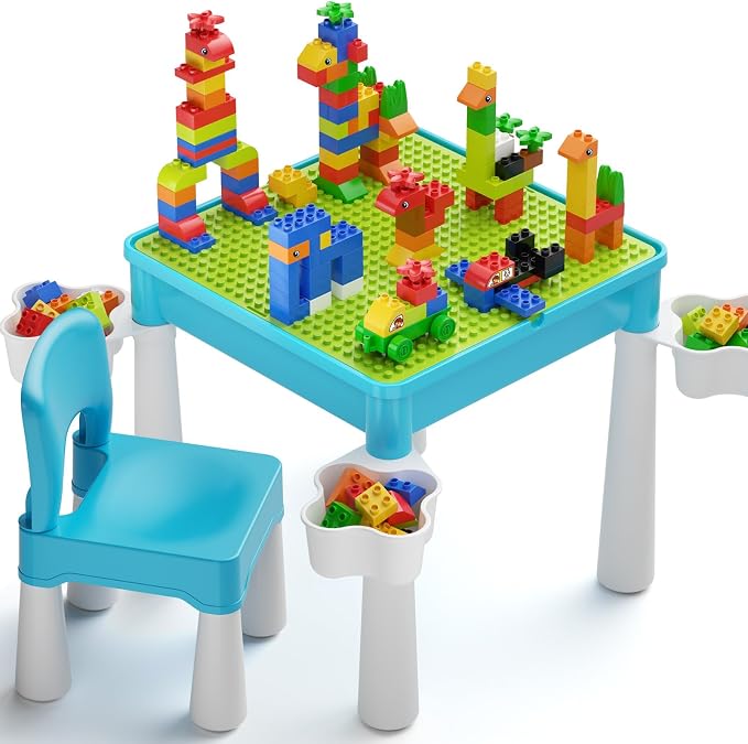 burgkidz Toddler Building Table Set: 1 Chair 128 Blocks Storage Box Blue | Leakproof top for sand/water. Sturdy ABS, smooth edges. 1 chair & 128 bricks. Ideal 3+ yrs indoor/outdoor. Great gift by burgkidz