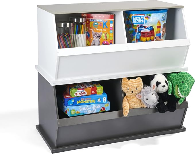 Badger Basket Two Bin Stackable Toy Storage Cubby Organizer for Kids, Playroom, Bedroom, or Nursery – Wooden Toy Chest and Book Storage Unit – Charcoal/Gray Woodgrain - Image 8