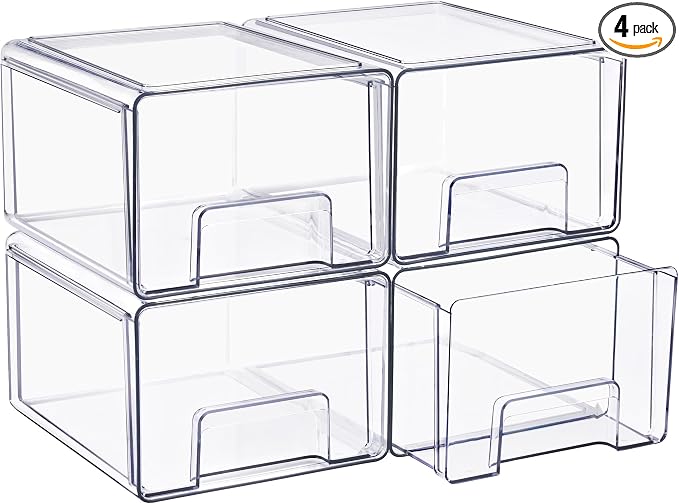 Sorbus Clear Stackable Storage Drawers with Handles (Large, 4 Pack) | Pull-out cabinet organization with multipack plastic bins for bathrooms, closets, medicine, pantries and baby bottles. by Sorbus