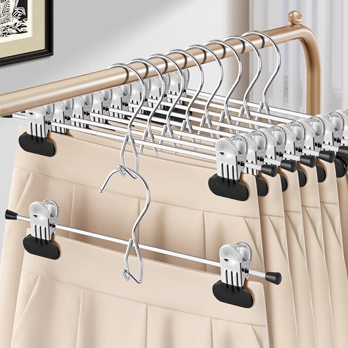 HUADYMEET 50 Pack Space Saving Pant Skirt Hangers with Clips,Black,14 Inch | Metal,Heavy Duty,Adjustable,Hanger for Jeans Shorts Clothes Slacks Trousers,For Adult Men Women Children,Non Slip by HUADYMEET