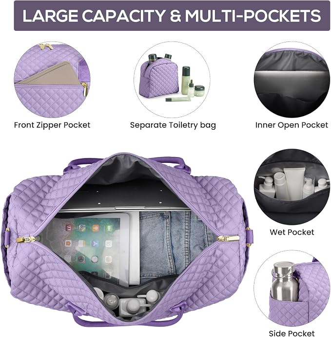 Travel Weekender Duffle Bags for Women - Large Carry On Bag with Shoe Compartment Overnight Bag with Toiletry Bag Duffel Bags with Wet Pocket for Gym Hospital Bags for Labor and Delivery Light Purple - Image 2