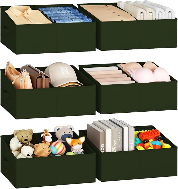 DIMJ Large Closet Shelf Organizer Bins 6 Packs with Handles and Divider, Fabric Trapezoid Storage Baskets, Foldable Clothes Containers Box for Shelf, Towel, Book, Toy, Purse, Hats, Green by DiMJ