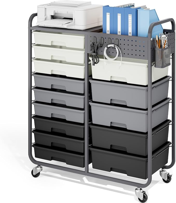 14 Drawer Rolling Storage Cart with Tabletop and Pegboard for Crafts Grey | Easy Setup, Large Capacity, Sturdy Build, Smooth Mobility, For classroom, office and dorm supplies by APEXCHASER