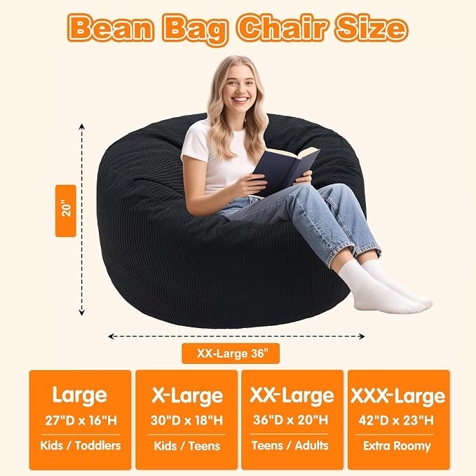 Lukeight Bean Bag Chair for Teens and Adults, Memory Foam Filled Floor Lounger, Washable Velvet Cover with Inner Liner, Beanbag Chair with Filling for Gaming and Reading, Black, XX-Large 36"D x 20"H - Image 2