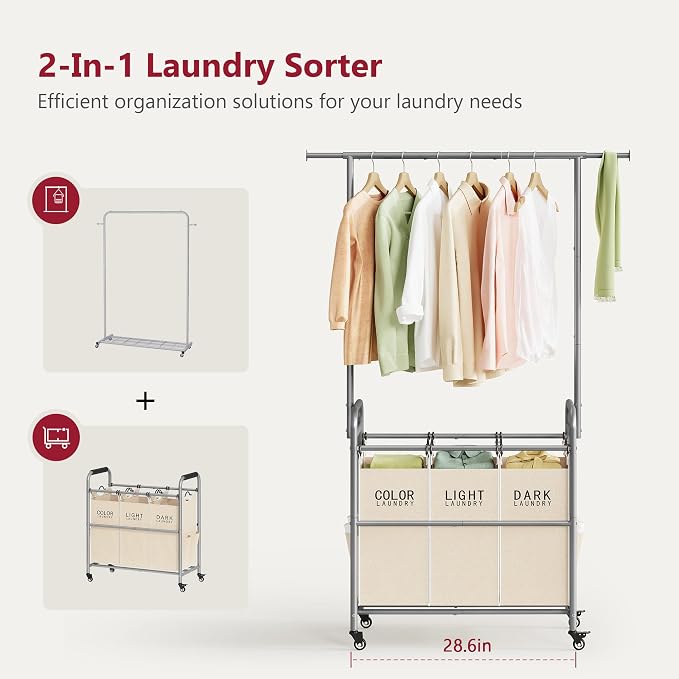 Laundry Hamper with Hanging Rack, Laundry Sorter 3 Section, Beige | 39 Gal Rolling Laundry Cart with Heavy Duty Lockable Wheels and Removable Bags for Laundry Room, Bedroom & Family - Image 3