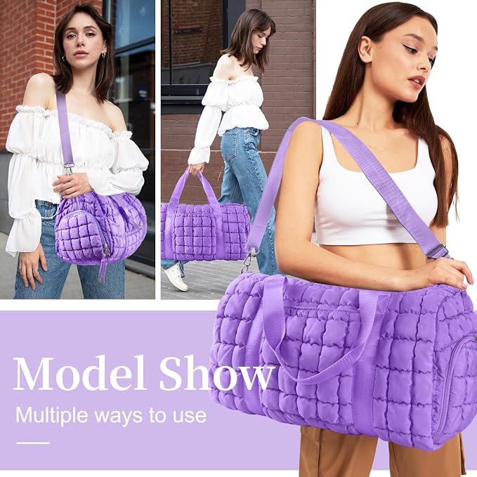Quilted Travel Duffle Bag Gym Bag for Women,Large Puffer Duffle Weekender Bag with Compartment,Workout Overnight Carry on Organizer Bag Duffle Bag for Airplane Travel(Purple) - Image 3