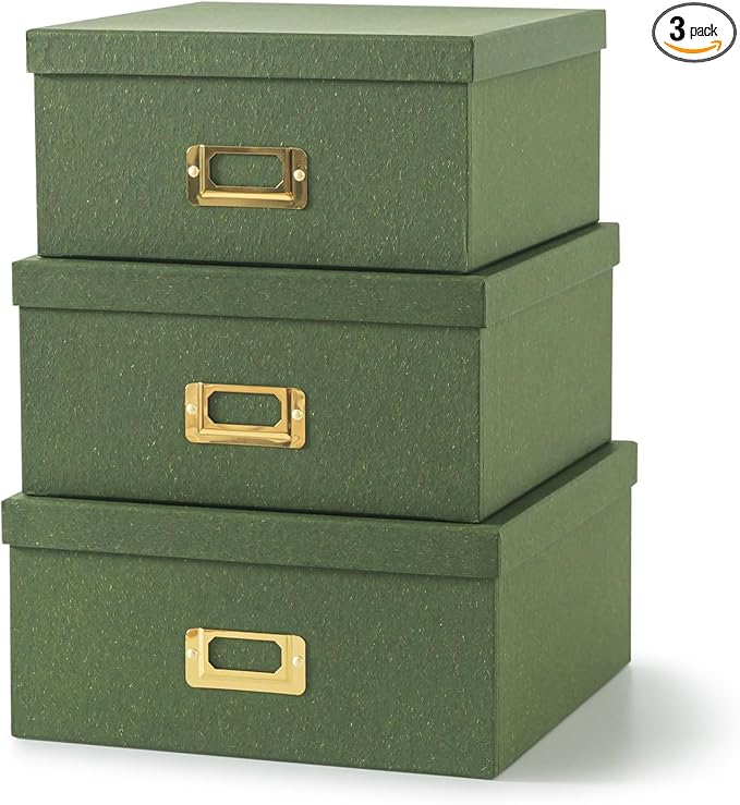 Soul & Lane - Green Decorative Memory Storage Boxes with Lids, Set of 3 | Square Stacking Kraft Photo Storage with Gold Label Holders, Large Nesting Cardboard Boxes for Office, Crafts and Paper by SoulLane