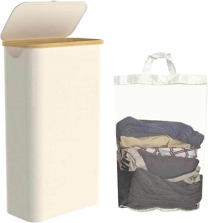 Slim Laundry Hamper with Lid, 60L Laundry Basket with Handles, Skinny Narrow Collapsible Dirty Clothes Hamper with Removable Laundry Bag for Bathroom Bedroom Dorm Clothes Toys Towels (Beige 1) by Homiviv