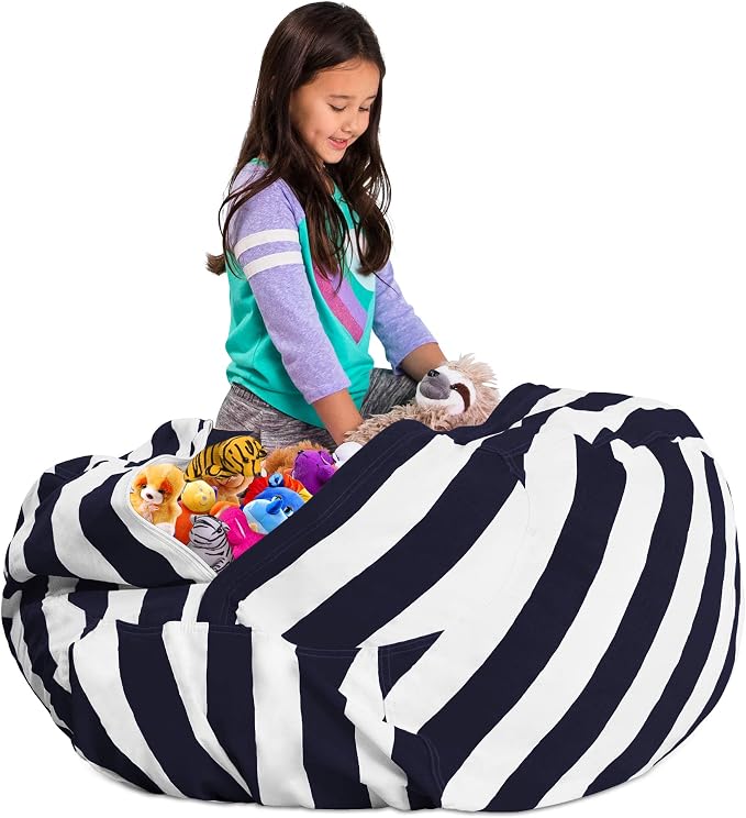 Posh Stuffable Kids Stuffed Animal Storage Bean Bag Chair Cover - Childrens Toy Organizer, X-Large 48" - Canvas Stripes Blue and White - Image 5