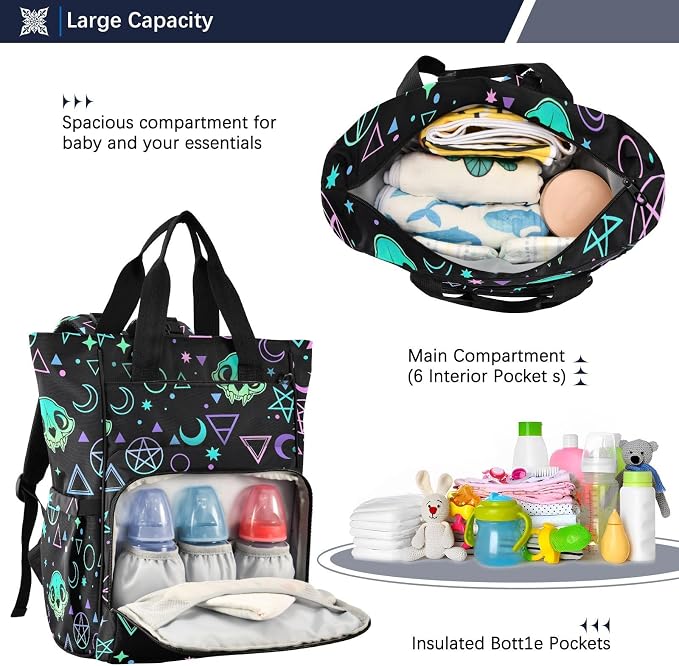 MNSRUU Diaper Bag Magic Skulls Diaper Bag Backpack Multifunction Travel Diaper Bag Tote Large Capacity Diaper Changing Backpacks for Moms Dads - Image 5