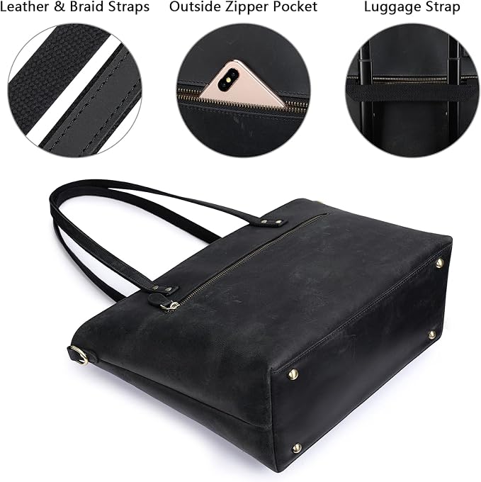 S-ZONE Women Vintage Genuine Leather Tote Bag Large Shoulder Purse Work | 14" Padded Laptop Compartment, Detachable Long Strap, Luggage Strap, Multi Pockets, Travel Everyday - Image 3
