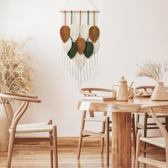 Macrame Wall Hanging Leaves Woven Tapestry Boho Chic Modern Home Decoration | KHOYIME Bohemian Handmade Leaf Feather Wall Art Decor for Apartment Dorm Living Room Bedroom Nursery Backdrop 16.5"W x 29.5"L - Image 3
