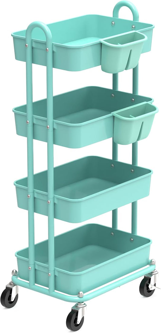 Simple Houseware 4-Tier Rolling Utility Cart with Hanging Bucket, Turquoise | Storage for Bathroom, Kitchen, Office, Study Room, Nursery Diaper by SimpleHouseware