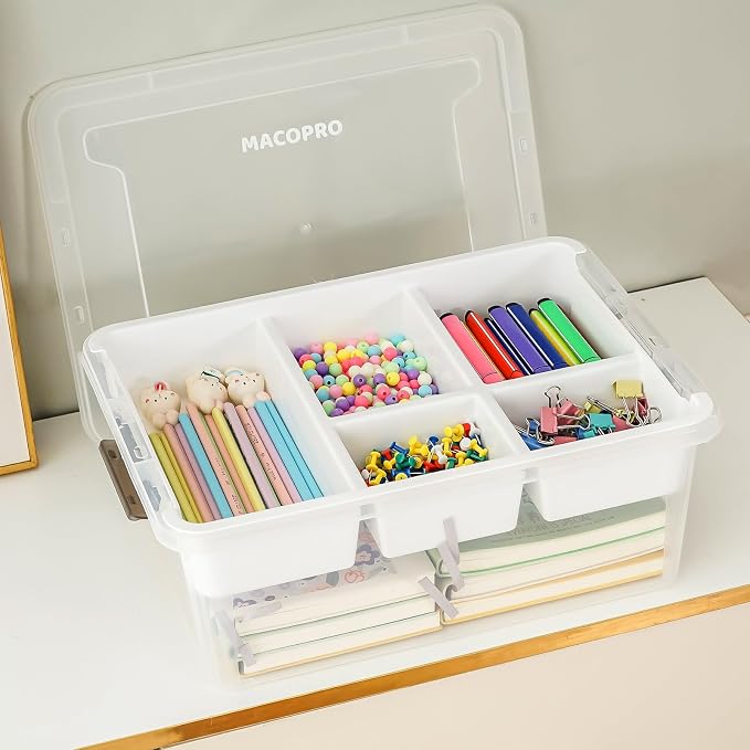 17QT Clear Plastic Craft Storage Box with Removable Tray & Lid - 2 packs | white container, art supply organizer for playdoh, sewing, beads & craft tools, space-saving stackable bins - Image 7